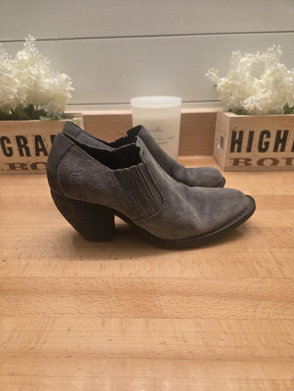 Born Womens Fredrika Boots Size 7 Gray Distressed Suede Bootie Mid Block Heel